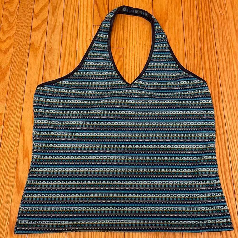 *4/$20* BRODY Y2K Woven Striped V-Neck Halter Top, sz L